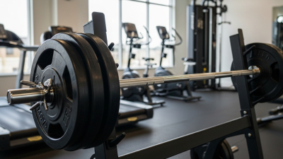 Barbel dengan beban di rak dalam sebuah gym yang terang.